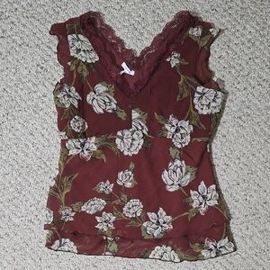 Floral Lace Trim Burgundy Top